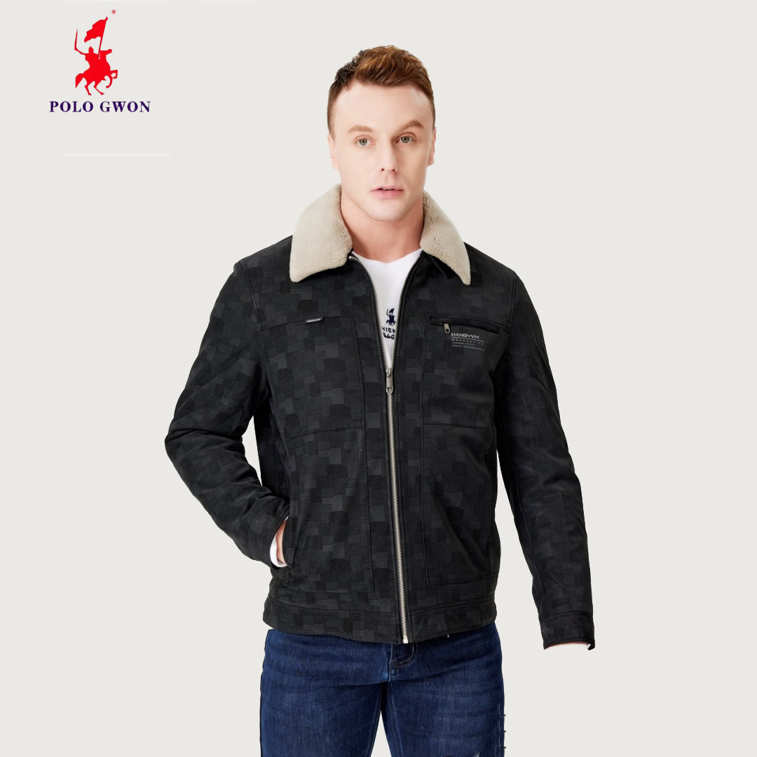 POLOGWON保罗皮羽绒服男士翻领外套男冬季经典保暖休闲皮衣羽绒外套 黑色 3XL (190) 建议180—200斤