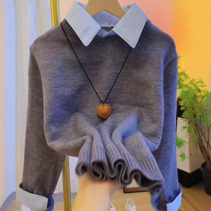 派吉鲨（PAIJISHA）复古百搭灰色polo领假两件毛衣女秋冬减龄打底内搭翻领针织衫上衣 灰色 M