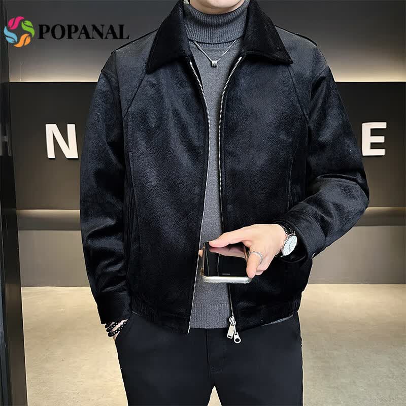 POPANAL香港潮牌2025冬季新款男士翻领商务休闲夹克拼接韩版羽绒服外套潮 黑色 M
