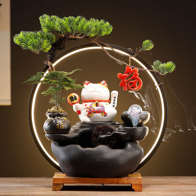 OYKTN创意招财猫流水摆件客厅办公室装饰桌面循环水新中式送礼开业礼物 小号-招财进宝【生意兴隆-招财猫】+文竹+香