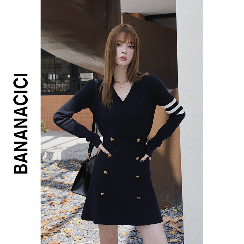 banana cici2025年秋冬法式雙排扣學(xué)院風(fēng)V領(lǐng)連衣裙顯瘦a字裙 寶藍(lán) S