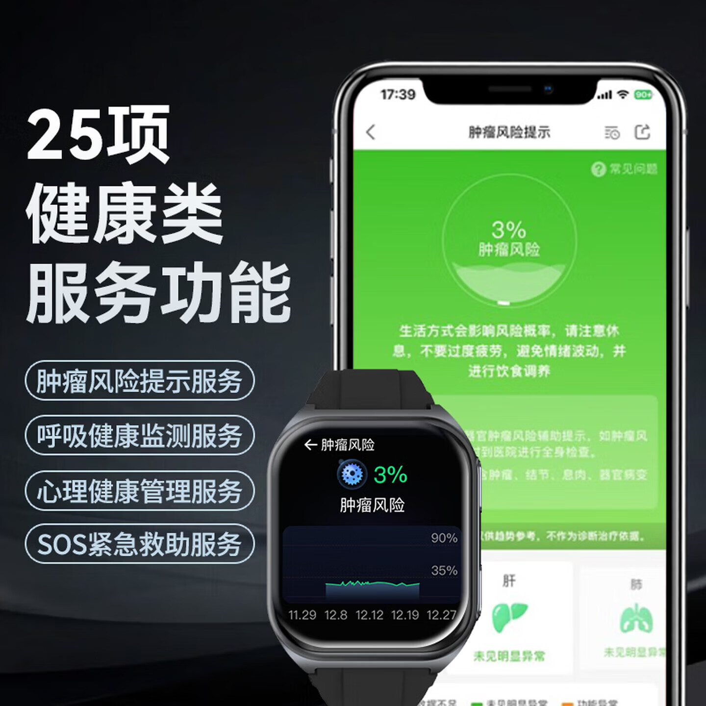 安顿健康预警手表心梗脑卒中健康检测预警智能手表手环测心率血糖血氧血脂智能手表送礼送老人送父母 慢病无忧版 【曜石黑】-黑色氟橡胶表带