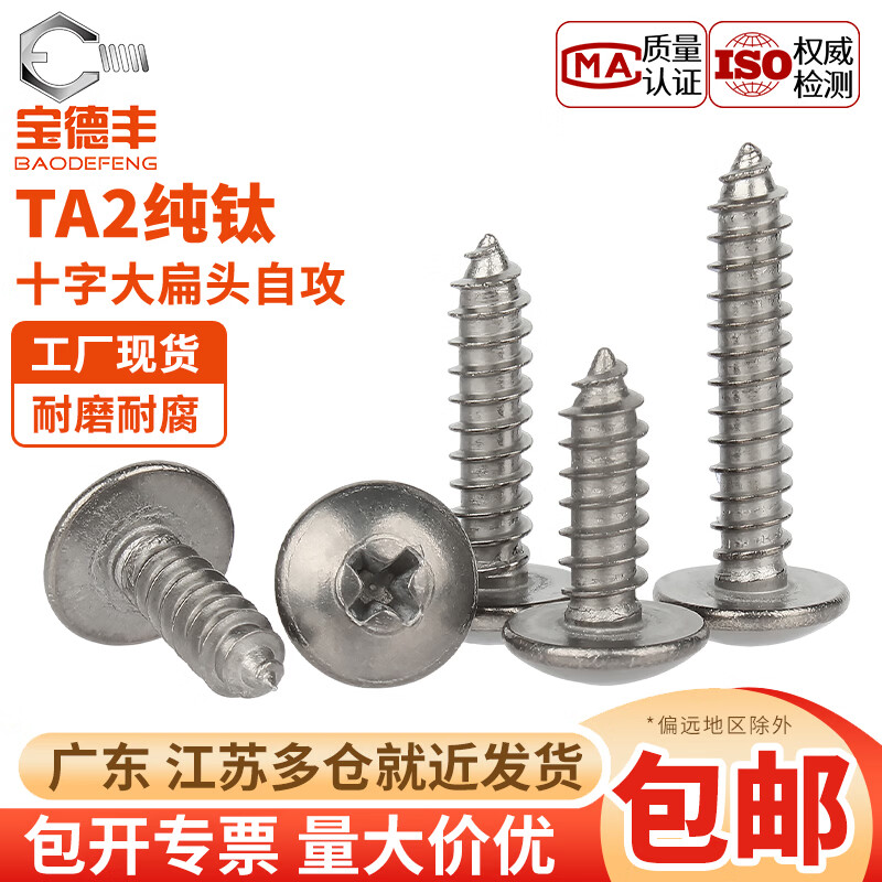 宝德丰国标TA2纯钛十字大扁头自攻螺丝钉伞头蘑菇头圆头十字木螺丝M4M5 M4x10(5只)