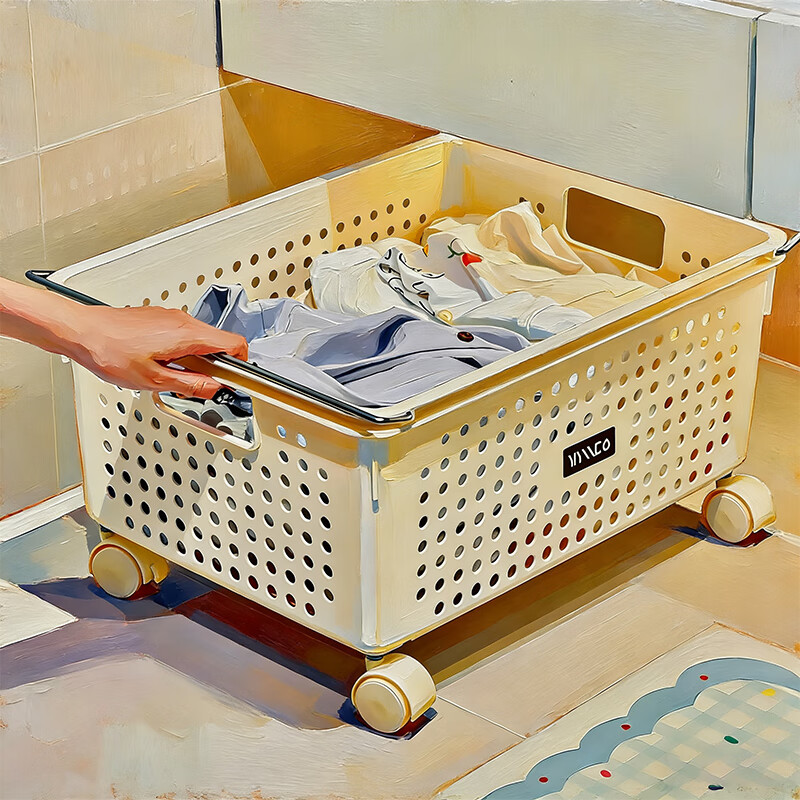 尔思家卫生间置物架免打孔收纳柜浴室柜下脏衣篓收纳筐推车洗衣篮置物架 奶油色中号