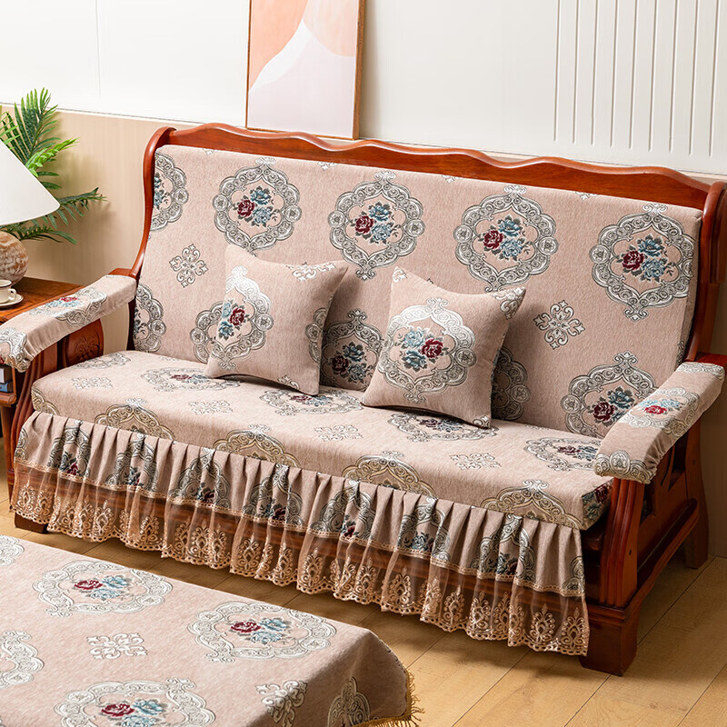 实木沙发垫带靠背裙边老式红木质加厚坐垫连体春秋联邦椅海绵垫子 铃兰花裙摆 90x150cm桌布