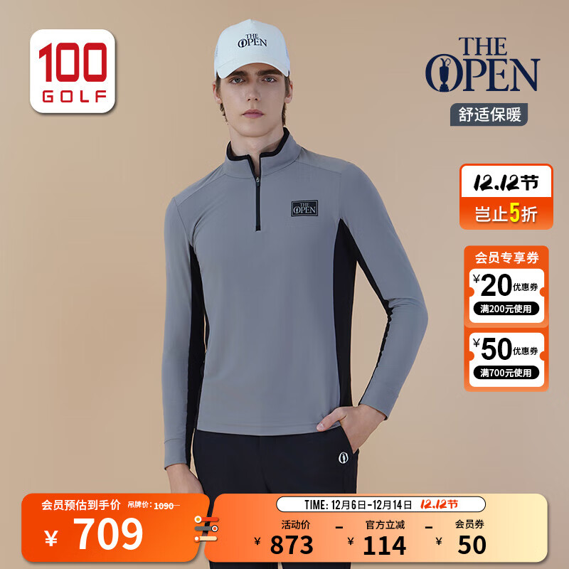 THE OPEN CHAMPIONSHIP英国公开赛高尔夫服装男装长袖T恤25秋冬磨毛保暖弹力立领运动T恤 灰色 2XL