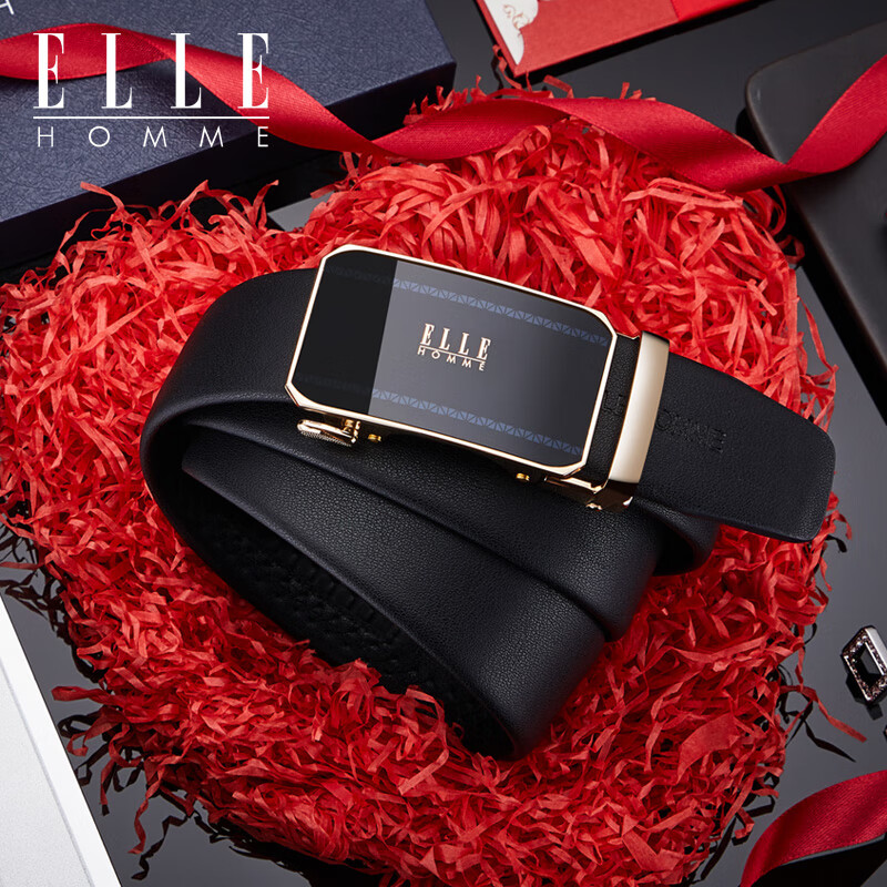 ELLE HOMME法国男士皮带男头层牛皮男士腰带真皮自动扣圣诞礼物送男友老公 【专柜礼盒】902079A金色/细纹带身 110cm -130默认随机(可修剪)