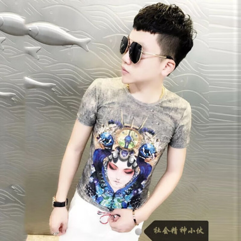 熊迪明新款短袖男t恤夏季社会小伙紧身小码男装衣服潮 花旦卡其 s