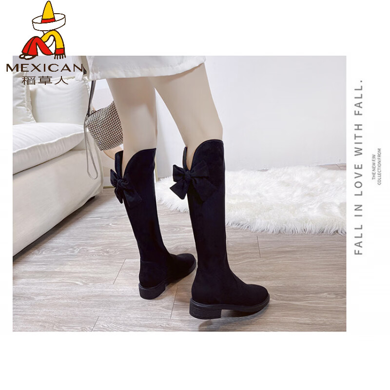 稻草人（MEXICAN）长靴女冬季加绒不过膝防滑中筒靴小个子平底长筒百搭显瘦高筒靴子 C25绒面 34 内长22cm