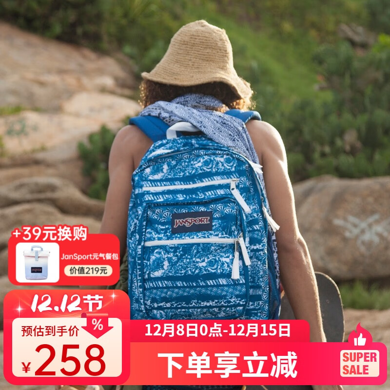 JANSPORT杰斯伯双肩包男士背包高中大学女书包TDN7 0KH 藍白地毯-18年复古款