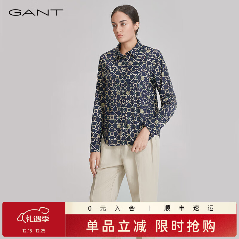 GANT/甘特春季新款法式复古衬衣气质印花时尚百搭长袖衬衫上衣女 433-藏蓝色 XXS