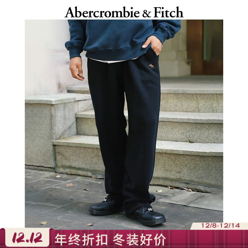 Abercrombie &amp; Fitch小麋鹿图案美式保暖抓绒直筒卫裤长裤25秋冬新款男装134-5142 黑色 M (180/80A) 偏大偏长，建议小一码