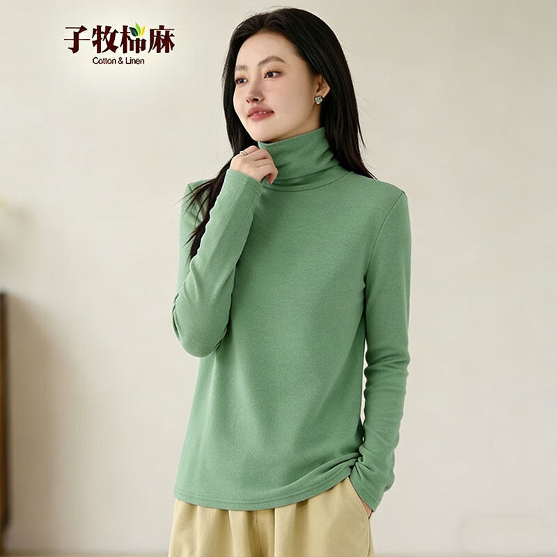 子牧棉麻秋冬装 女韩版双面磨毛德绒高领长袖打底衫加厚保暖上衣8677 云杉绿高领德绒款 加厚 2XL (建议130-145斤) 京东折扣/优惠券