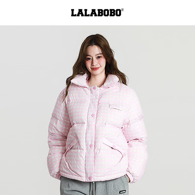 LALABOBO【商场同款】白鸭绒羽绒服25年冬新潮原创格子外套女RBED-WSYR16 深蓝 S