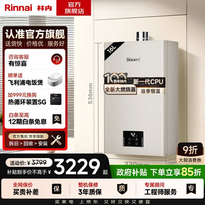 林内（Rinnai）【小蛮腰】【国家补贴立减15%】 燃气热水器天然气13升 恒温轻音 纤巧机身 13GD31 以旧换新 16L GD32【小蛮腰Pro-纳米超薄芯】