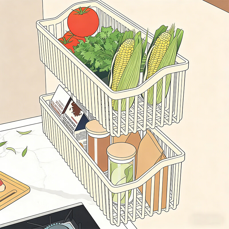 尔思家厨房置物架墙上免打孔葱姜蒜收纳盒多功能菜篮子沥水架多层调料架 白色-大号双层