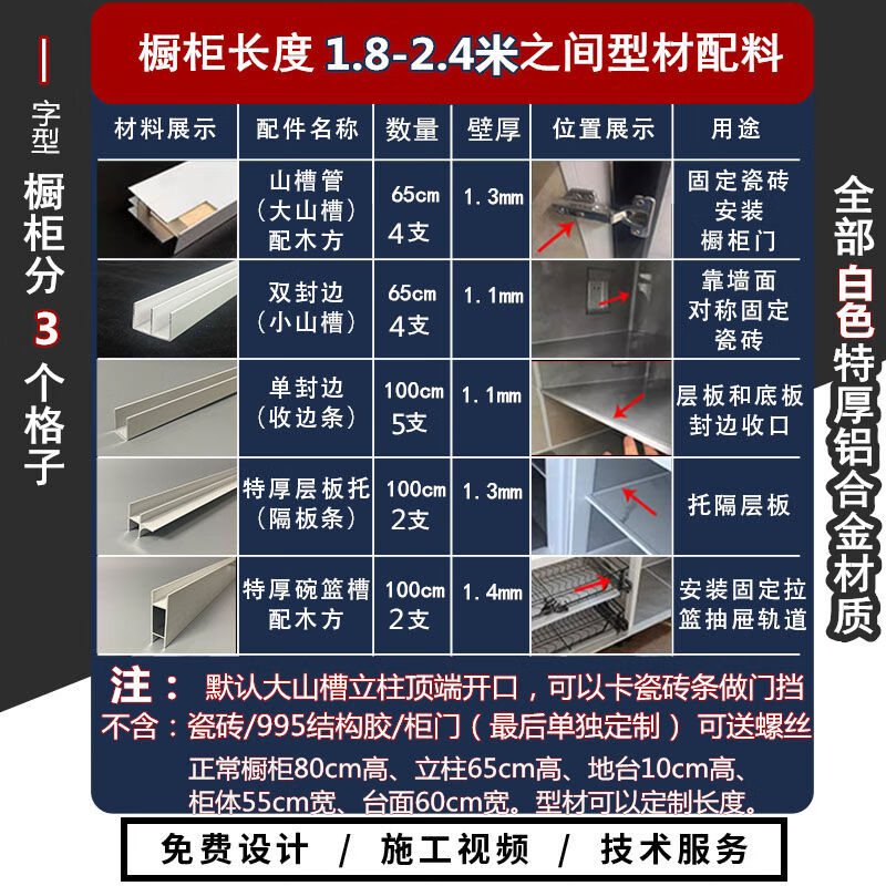 接运猫瓷砖橱柜全套配件白色砖夹厨柜铝合金材料厨房灶台立柱卡槽封边