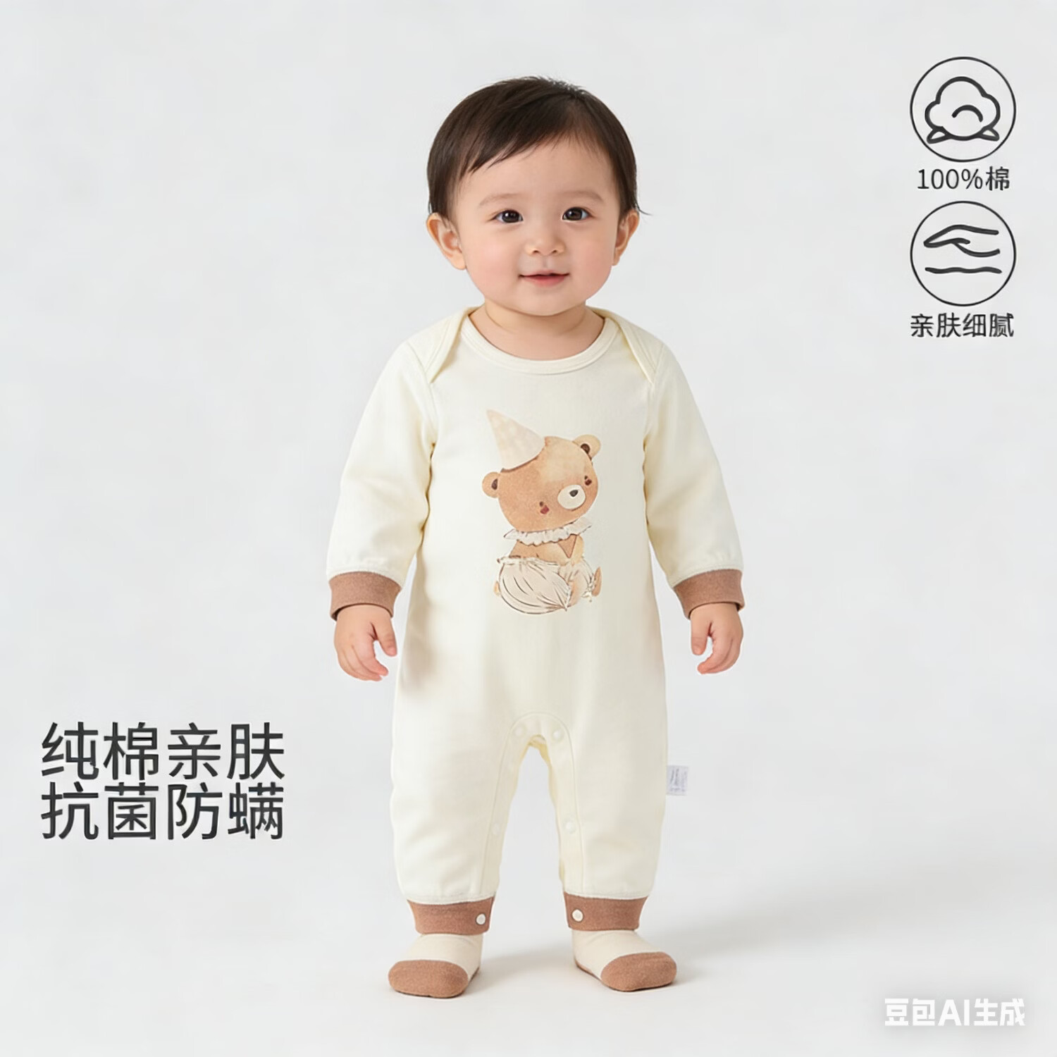 新生婴儿衣服宝宝连体衣春秋纯棉哈衣宝宝爬爬服长袖闭哈衣秋装 米色 90cm 建议12-18个月