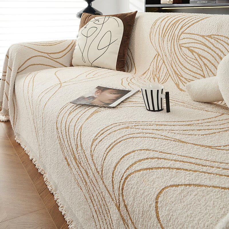 无印良品沙发盖布巾沙发盖布巾高级感防猫抓四季通用沙发盖垫子防滑全盖毯 海浪线条-米色【细腻亲肤 厚实耐磨 机洗无忧不变形】 180X420cm【适合四人位】