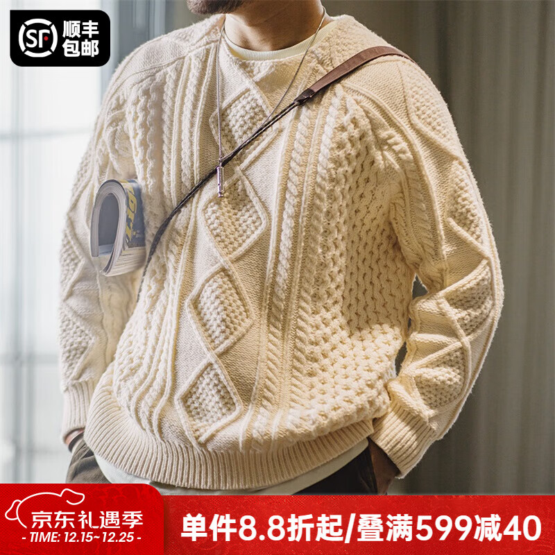 马登工装 美式复古绞花阿兰毛衣男秋季圆领百搭套头编织麻花针织衫 米白 2XL