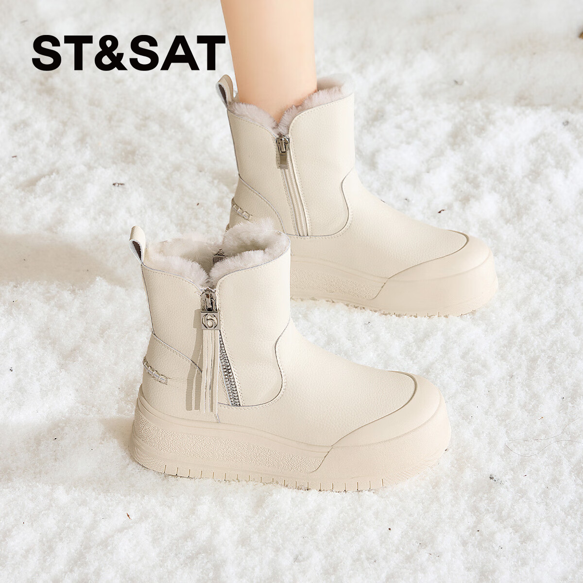星期六厚底羊毛雪地靴女2025冬季新款保暖增高棉靴东北加绒防水防滑短靴 白色 【超暖毛绒】跟高5cm 35