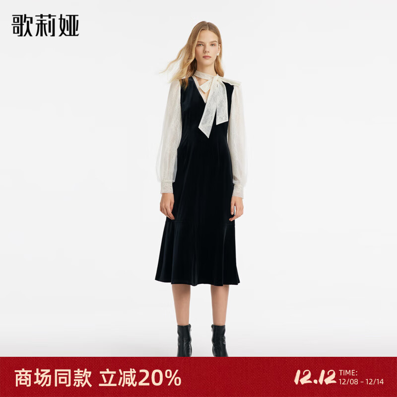 歌莉娅（GOELIA）连衣裙女气质服装蕾丝拼接黑色丝绒裙1C1R4H470 00B黑色 M