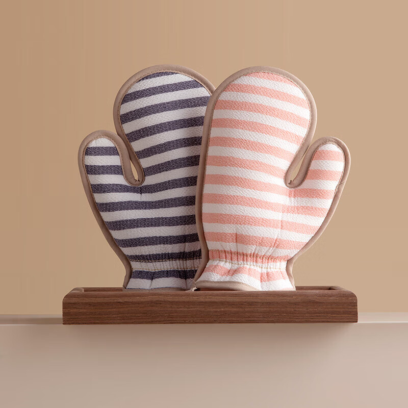 茶花【嚴(yán)選】雙面搓澡巾防滑浴室搓澡搓灰可愛浴室防滑搓澡巾 茶花條紋指套雙用澡巾-粉色