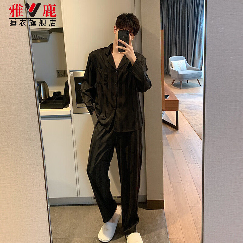 雅鹿冰丝睡衣男春秋夏天家居服男士仿真丝条纹秋季男生四季款套装 NSMLZ-2242-黑色【主推款】 XL 男【125-145斤】
