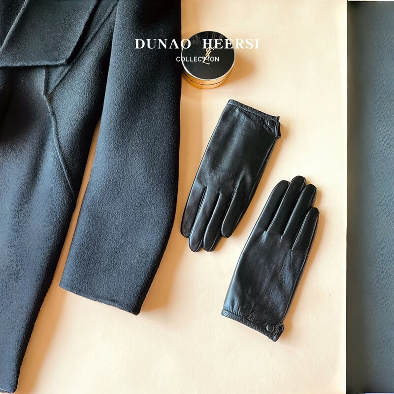 PICTURE山羊皮真皮手套女单皮薄款短款加绒保暖骑车驾驶开车冬季触屏修手 墨绿色【加绒暖里触屏】礼盒装 L