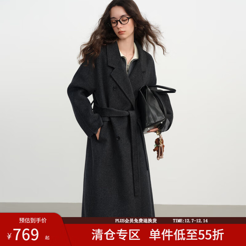 范思蓝恩山羊绒西装双排扣领毛呢外套女2025冬装松弛慵懒简约大衣 深灰色 XXS