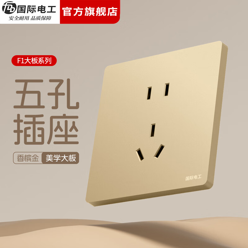 国际电工（FDD）86型开关插座面板暗装五孔USB家用墙壁一开双控香槟色电源插座 五孔10只装【优先发货】