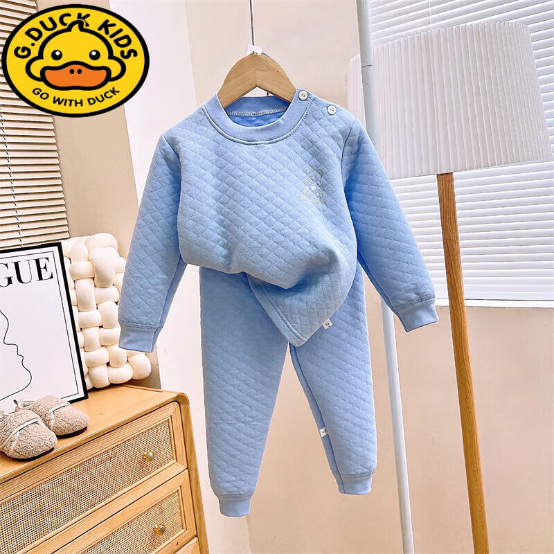 G.duck儿童三层夹棉保暖内衣套装男女童纯棉秋冬季新款宝宝加厚秋衣秋裤 三层保暖套装-蓝色 73 身高50-60cm