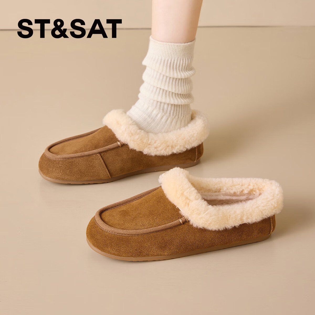 星期六加绒半包勃肯鞋女2025冬季新款一脚蹬平底棉拖鞋加厚保暖勃肯半拖 驼色 【牛剖层皮革】+【上口羊毛】 37