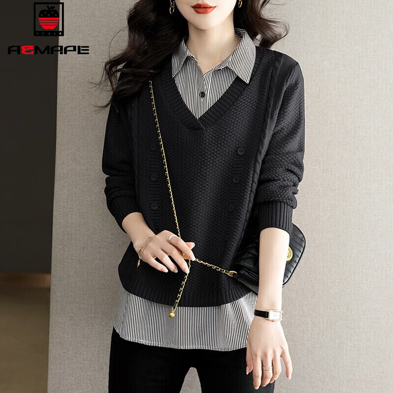 AEMAPE衬衫领假两件毛衣针织衫女士秋冬2025新款时尚洋气上衣气质女装 黑色 XL 115-130斤