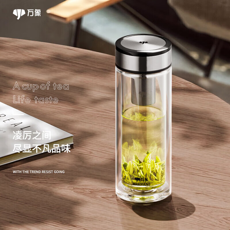 万象（WANXIANG）双层玻璃杯V48RL商务礼盒装茶杯钛黑亮带滤网水杯车载便携办公杯