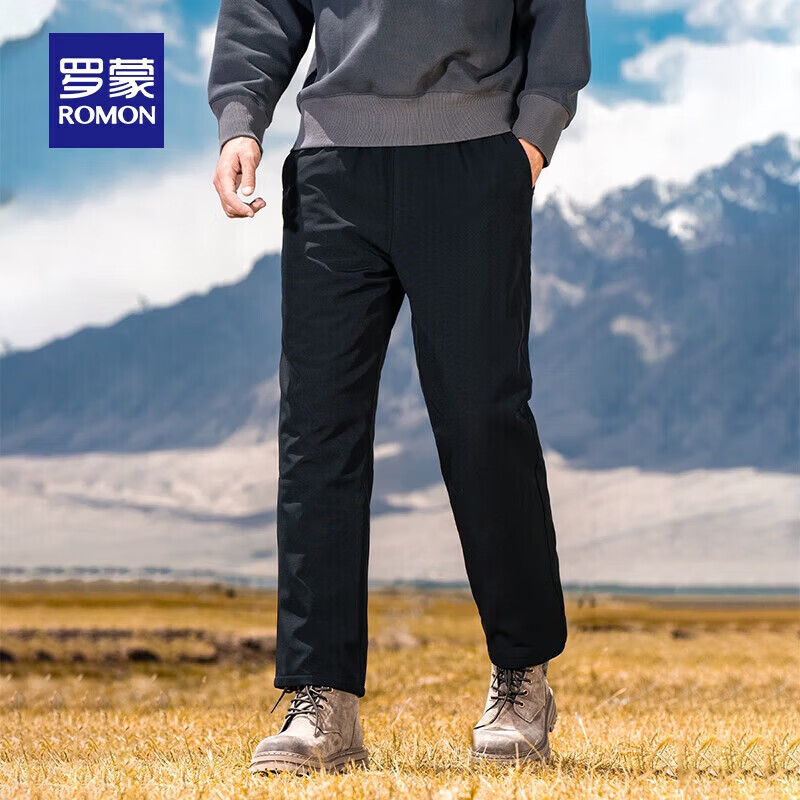 罗蒙【鹅绒】加绒羽绒裤男冬季新款中青年松紧腰宽松直筒加厚保暖裤男 灰色 XL 180【建议135-155斤】
