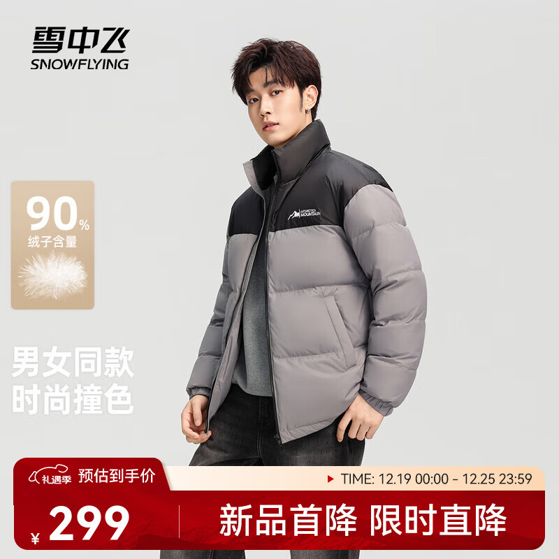 雪中飞新款百搭时尚休闲斜插式口袋男女同款短款立领羽绒服 岩石灰 XL 180/96A