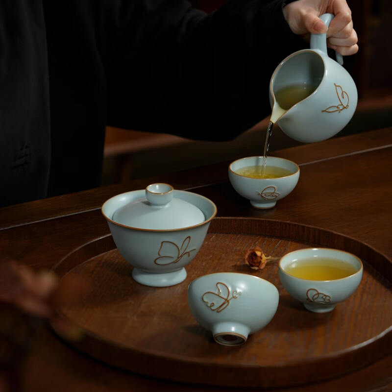 青澹墨雅青澹汝窑茶具套装礼品冰裂釉汝瓷整套茶杯茶壶礼盒装陶瓷盖碗茶具 青澹蝶舞芳菲7件套