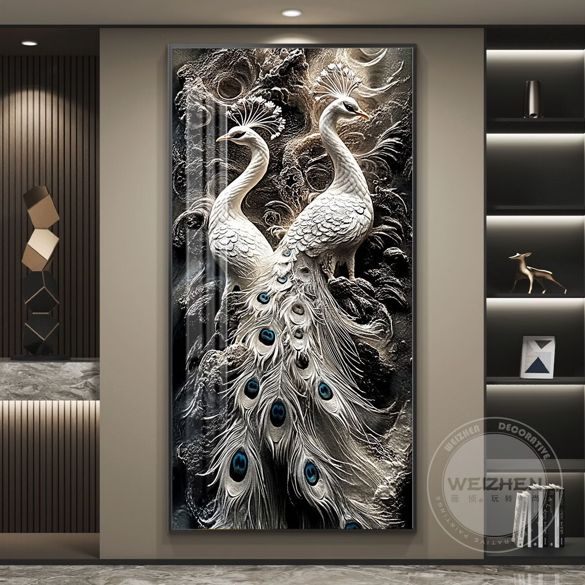 zoci玄关挂画现代简约高级感大气包安装孔雀轻奢带灯入户走廊过道挂