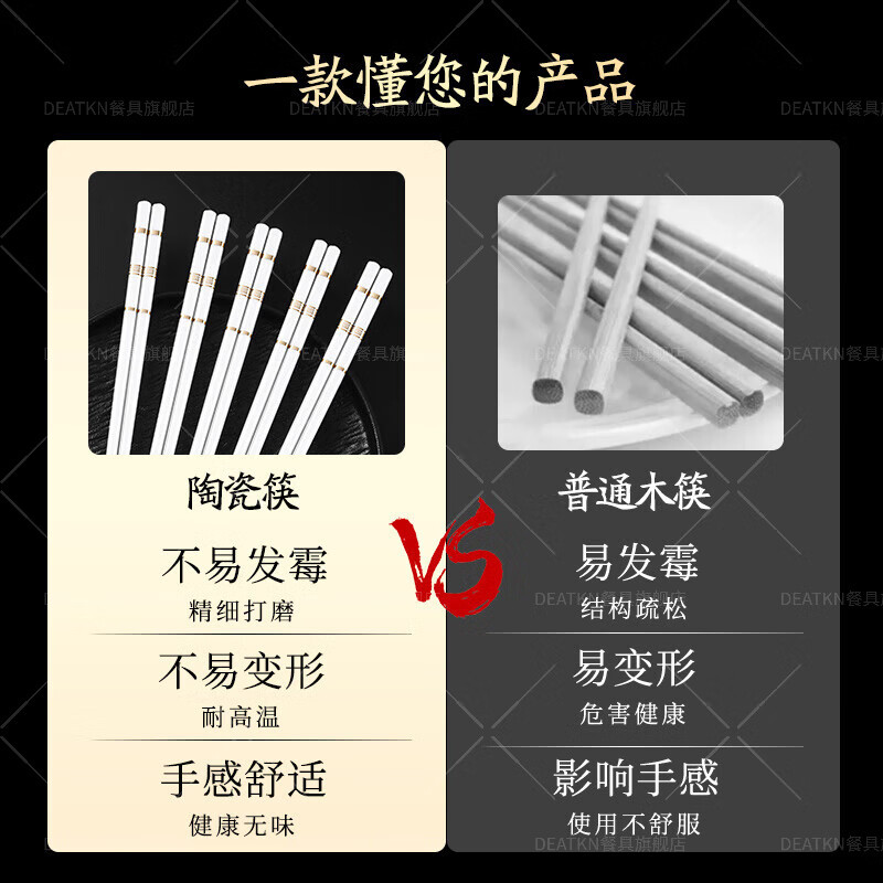 DEATKN陶瓷筷子抗菌防霉高级家用高档耐高温快子轻奢高端白色瓷筷景德镇 简约金如意陶瓷筷装 10双