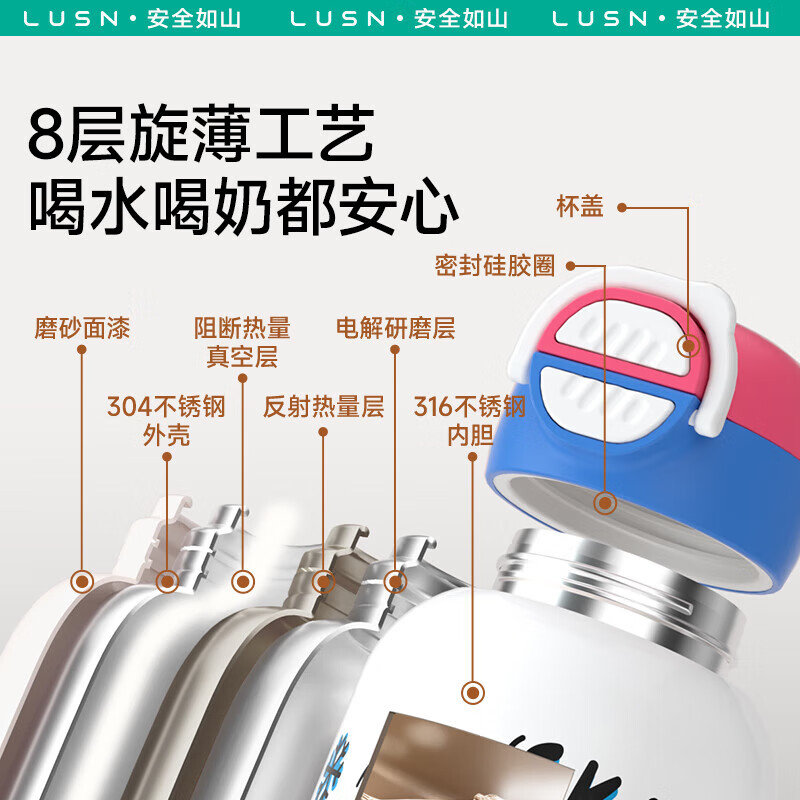 如山（LUSN）三合一保温杯儿童316可爱学饮婴幼儿吸管直饮长效保温学生便携 【大容量】花环小兔 550ml