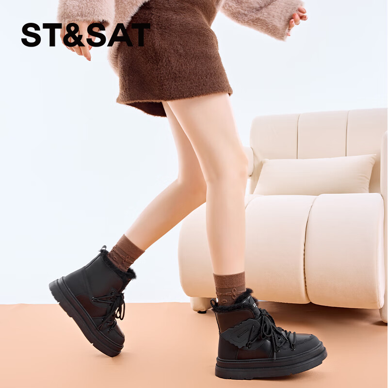 星期六加绒加厚雪地靴女2025年冬季新款系带简约短靴厚底保暖女鞋 黑色 38