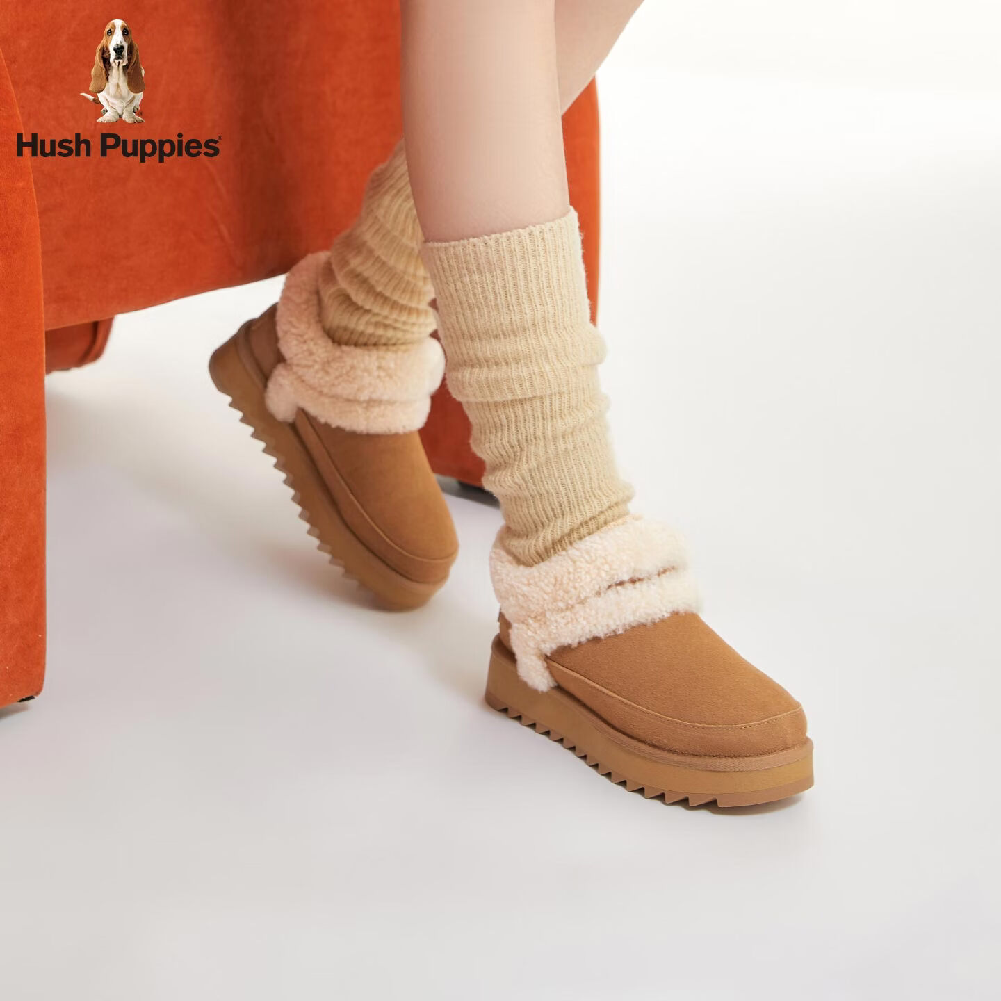 暇步士（Hush Puppies）雪地靴女 2025冬季新款女士舒适厚底毛鞋领圆头休闲懒人毛毛鞋 浅驼色 37