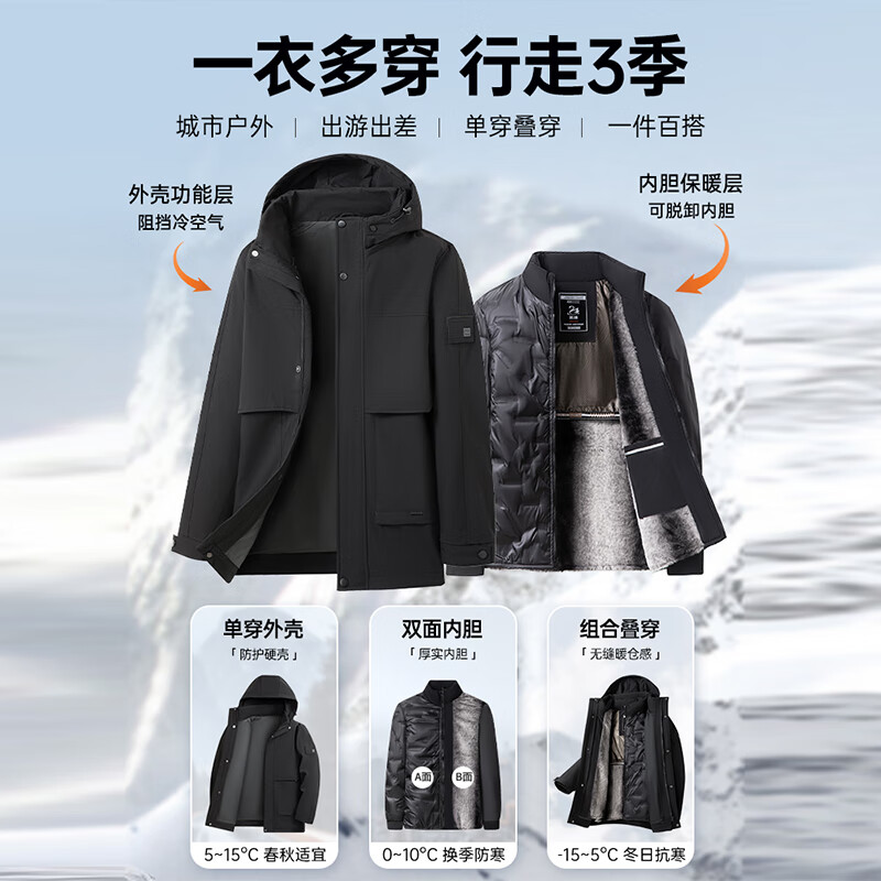 SHANSHAN杉杉男士羽绒服冬季90鹅绒一衣三穿可拆卸内胆连帽加厚保暖外套 黑色 2XL /185【推荐体重140-155斤】