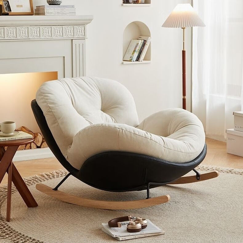 欣慕雅奶油风客厅摇摇椅成人阳台家用休闲躺椅轻奢卧室单人懒人沙发网红 商务黑蛋白皮拼爽肤绒米色 (仿生蜗牛 人体工学)金牌扶手椅  送货入户