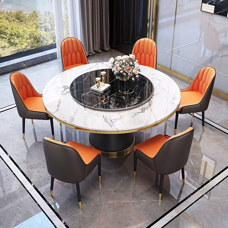 梵森荣2026新款轻奢岩板餐桌椅组合家用酒店大圆桌小户型带转盘吃饭桌子 12mm加厚岩板 1.5m  单圆桌+8椅【送转盘】