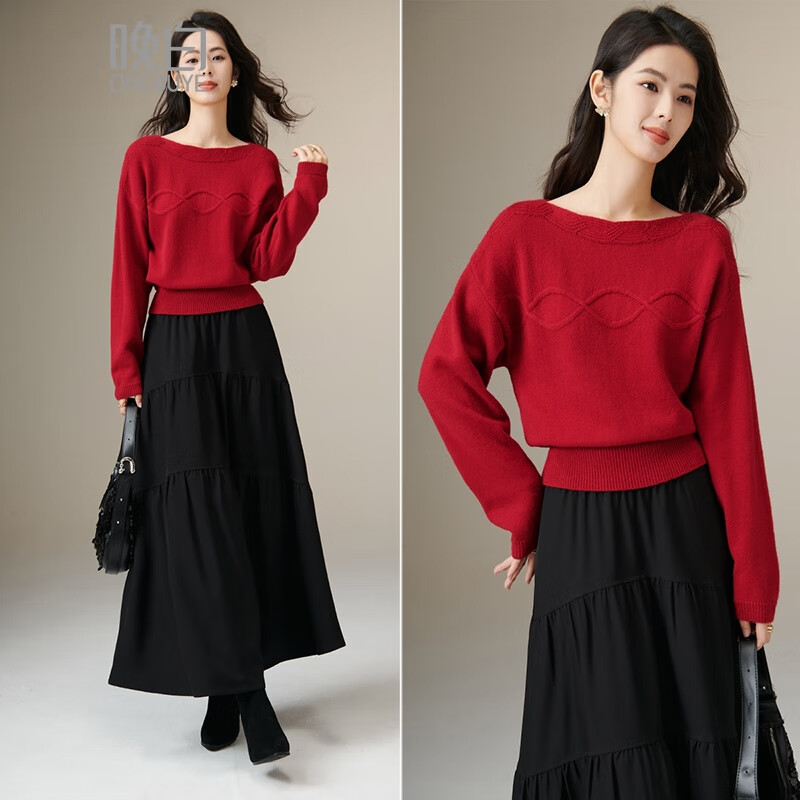 晚白【新品】2025冬款新年圣诞中国红一字领毛衣宽松舒适百搭针织衫 红色 L