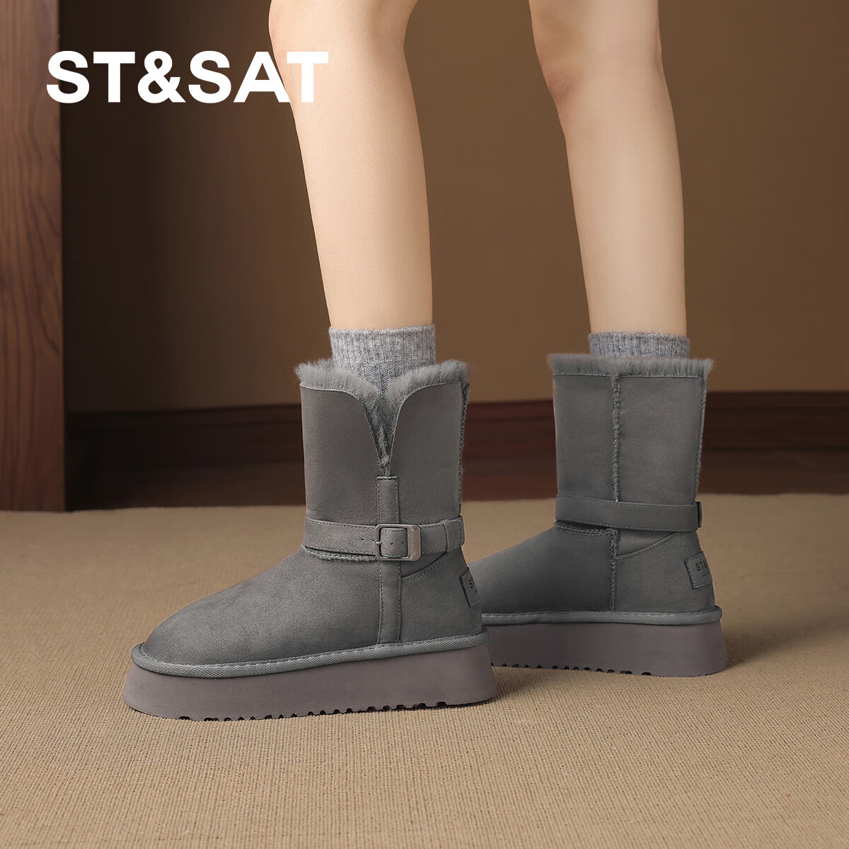 星期六厚底皮毛一体雪地靴女2025新款冬季真皮加绒短靴加厚保暖毛毛棉鞋 灰色 【加绒保暖】跟高4.5cm 38