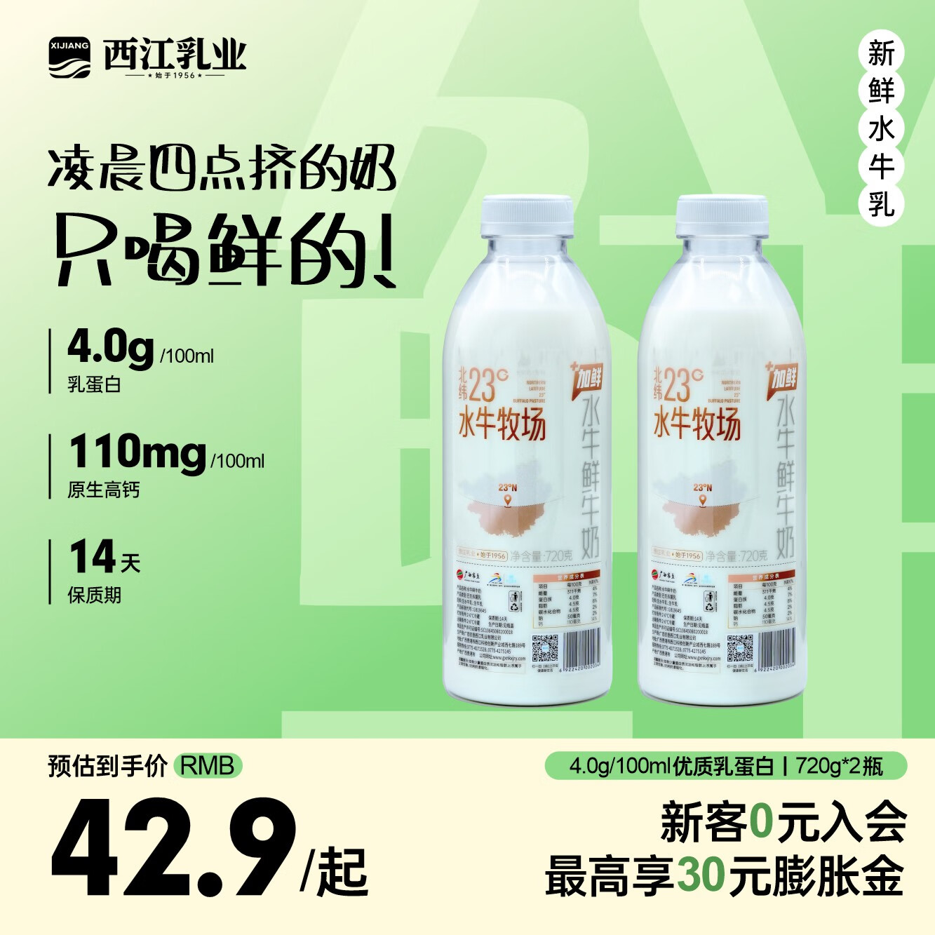 西江乳业水牛鲜牛奶720g/瓶【顺丰发货】低温广西水牛奶巴氏杀菌乳早餐奶 水牛鲜牛奶720g*2瓶