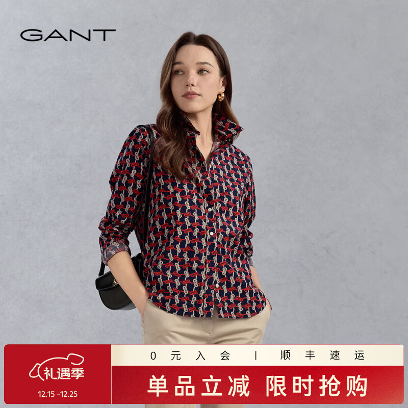 GANT/甘特【100%棉】女士法式复古衬衣宽松舒适印花格子长袖衬衫 433-深蓝色 42
